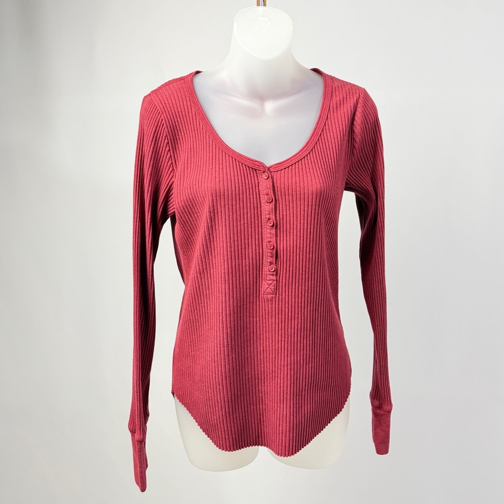 Aerie Ribbed Long Sleeve Henley - maroon